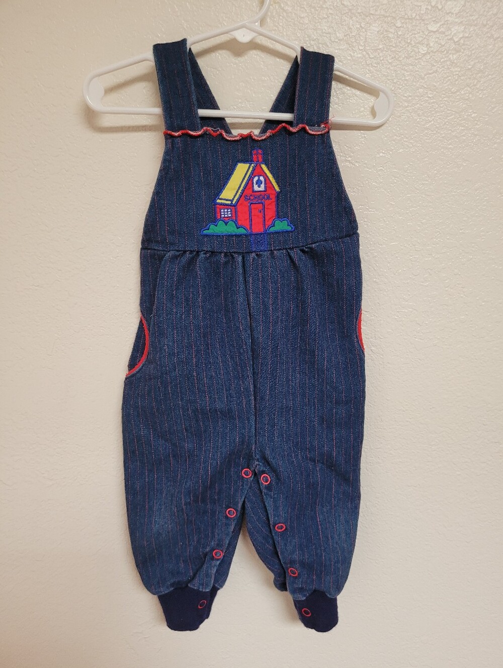 Vintage Sears Denim Overalls With Red Stripes and School House